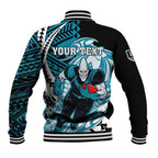 Personalized Port Adelaide Power Baseball Jacket Polynesian Tribal Lightning Bolt Mascot With Hibiscus Floral Art