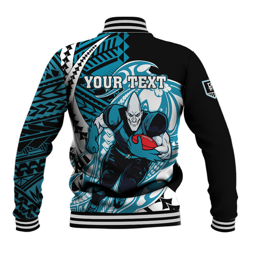 Personalized Port Adelaide Power Baseball Jacket Polynesian Tribal Lightning Bolt Mascot With Hibiscus Floral Art