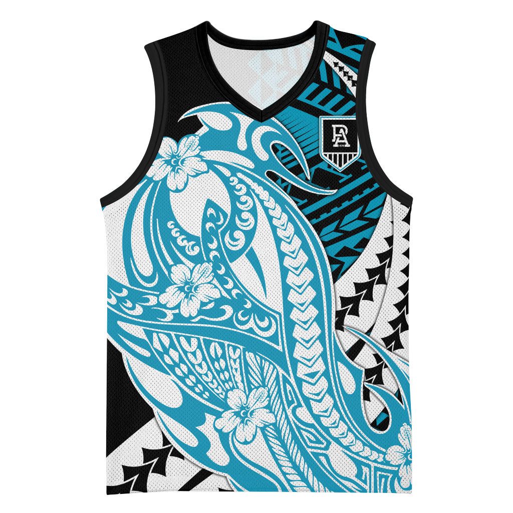 Personalized Port Adelaide Power Basketball Jersey Polynesian Tribal Lightning Bolt Mascot With Hibiscus Floral Art