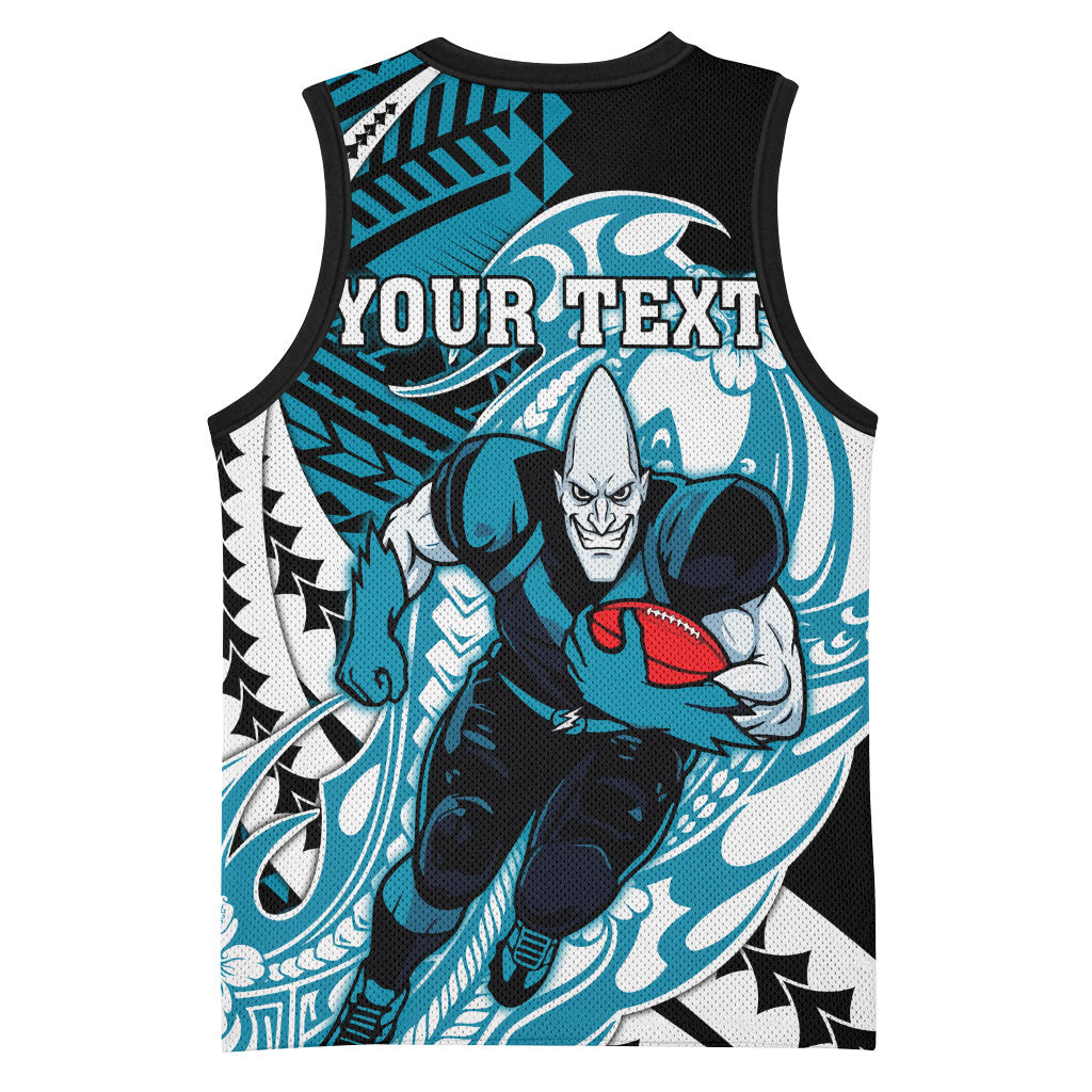 Personalized Port Adelaide Power Basketball Jersey Polynesian Tribal Lightning Bolt Mascot With Hibiscus Floral Art