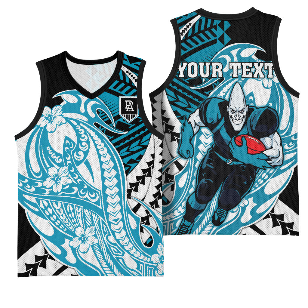 Personalized Port Adelaide Power Basketball Jersey Polynesian Tribal Lightning Bolt Mascot With Hibiscus Floral Art