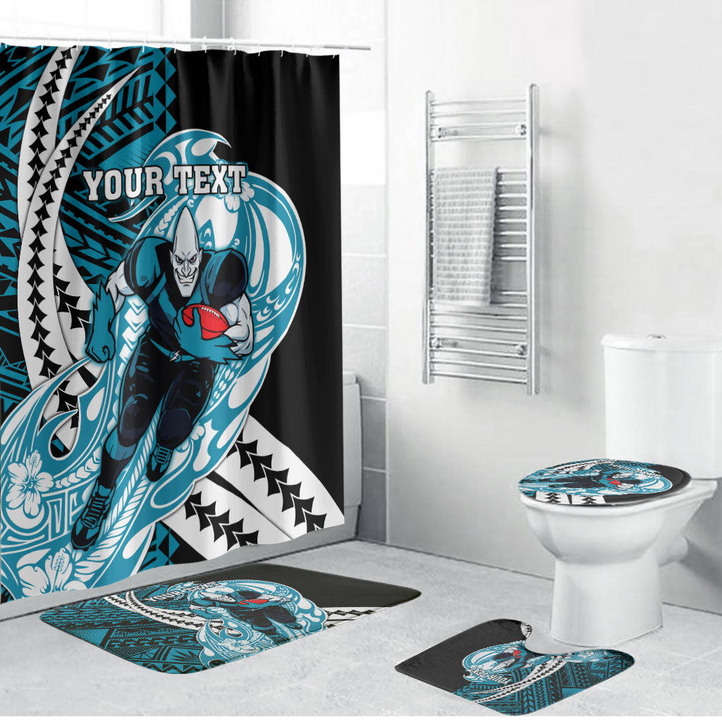 Personalized Port Adelaide Power Bathroom Set Polynesian Tribal Lightning Bolt Mascot With Hibiscus Floral Art