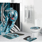 Personalized Port Adelaide Power Bathroom Set Polynesian Tribal Lightning Bolt Mascot With Hibiscus Floral Art