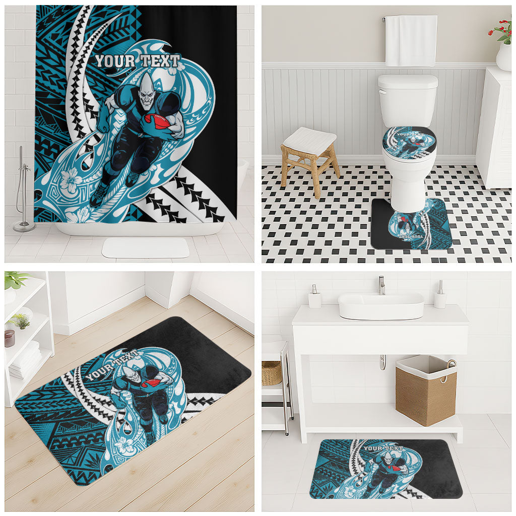 Personalized Port Adelaide Power Bathroom Set Polynesian Tribal Lightning Bolt Mascot With Hibiscus Floral Art