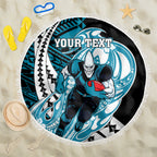 Personalized Port Adelaide Power Beach Blanket Polynesian Tribal Lightning Bolt Mascot With Hibiscus Floral Art