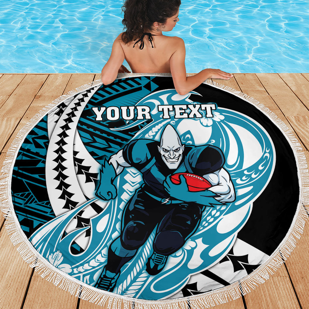 Personalized Port Adelaide Power Beach Blanket Polynesian Tribal Lightning Bolt Mascot With Hibiscus Floral Art