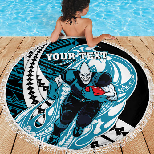 Personalized Port Adelaide Power Beach Blanket Polynesian Tribal Lightning Bolt Mascot With Hibiscus Floral Art