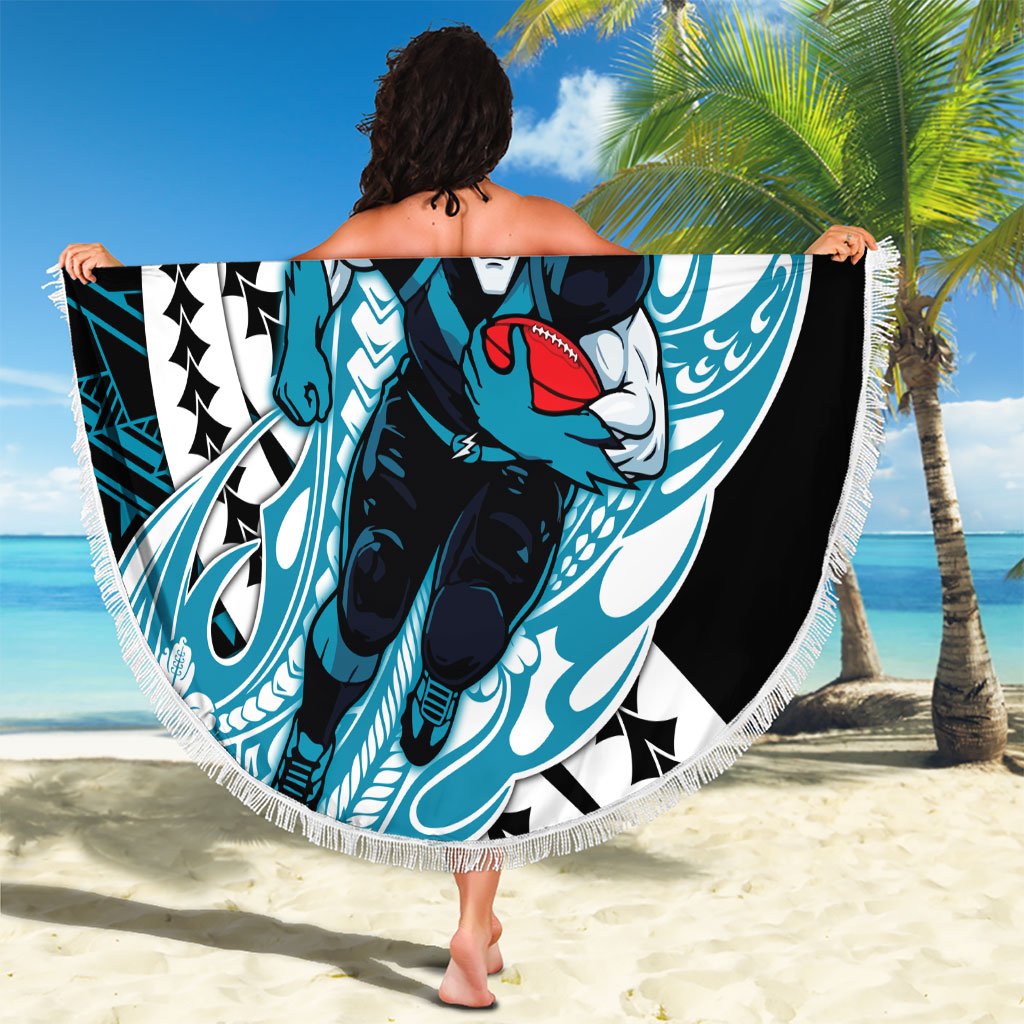 Personalized Port Adelaide Power Beach Blanket Polynesian Tribal Lightning Bolt Mascot With Hibiscus Floral Art