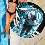 Personalized Port Adelaide Power Beach Blanket Polynesian Tribal Lightning Bolt Mascot With Hibiscus Floral Art