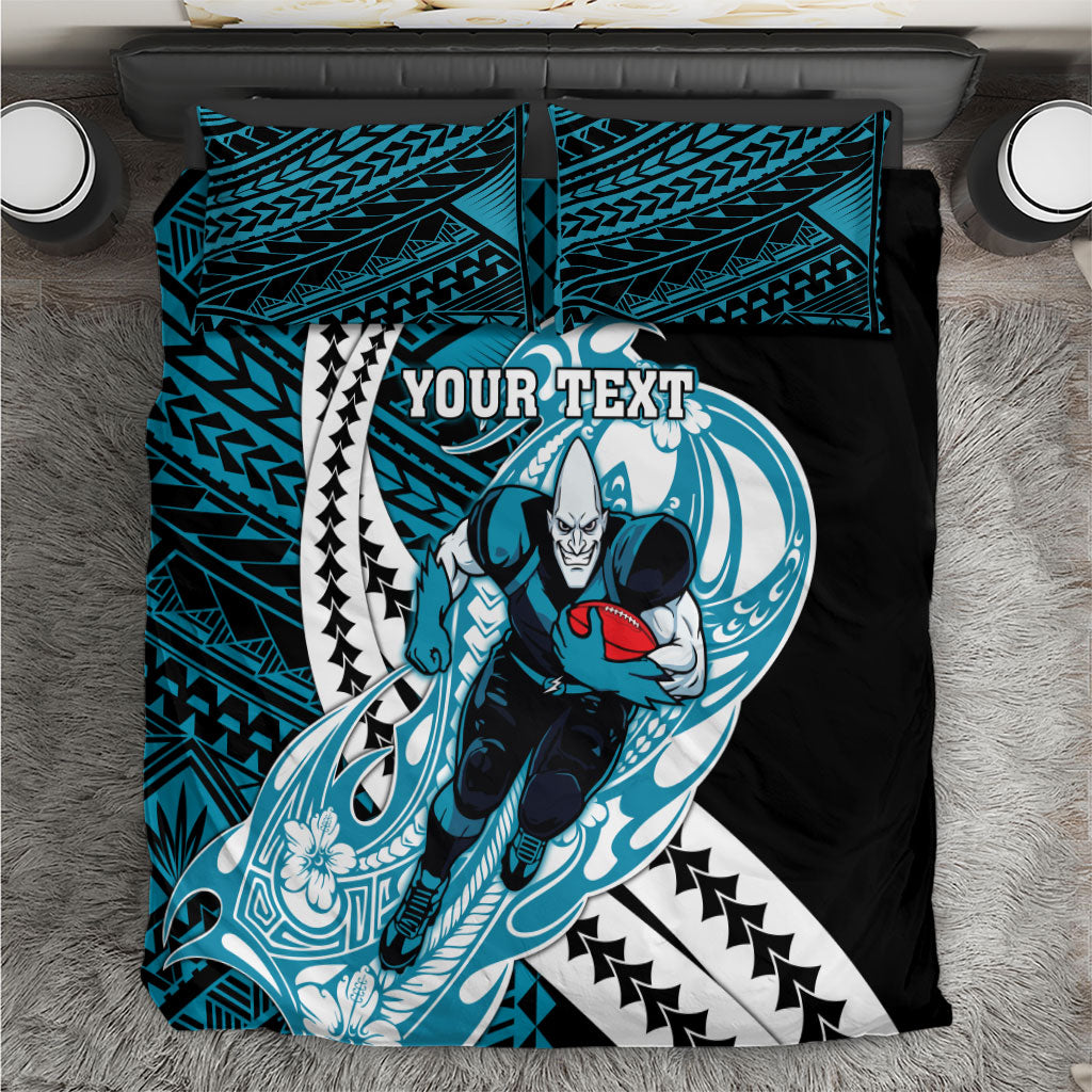 Personalized Port Adelaide Power Bedding Set Polynesian Tribal Lightning Bolt Mascot With Hibiscus Floral Art