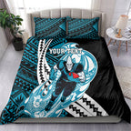 Personalized Port Adelaide Power Bedding Set Polynesian Tribal Lightning Bolt Mascot With Hibiscus Floral Art