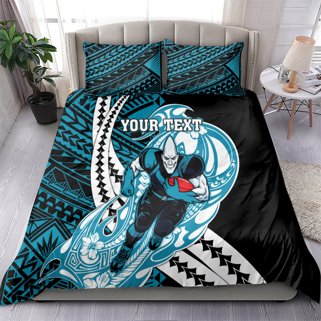 Personalized Port Adelaide Power Bedding Set Polynesian Tribal Lightning Bolt Mascot With Hibiscus Floral Art