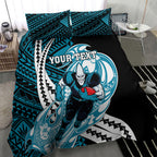 Personalized Port Adelaide Power Bedding Set Polynesian Tribal Lightning Bolt Mascot With Hibiscus Floral Art