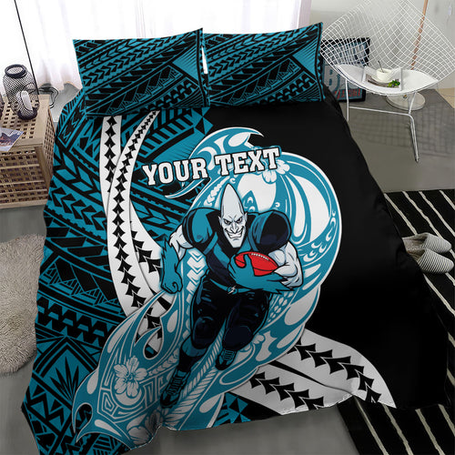 Personalized Port Adelaide Power Bedding Set Polynesian Tribal Lightning Bolt Mascot With Hibiscus Floral Art