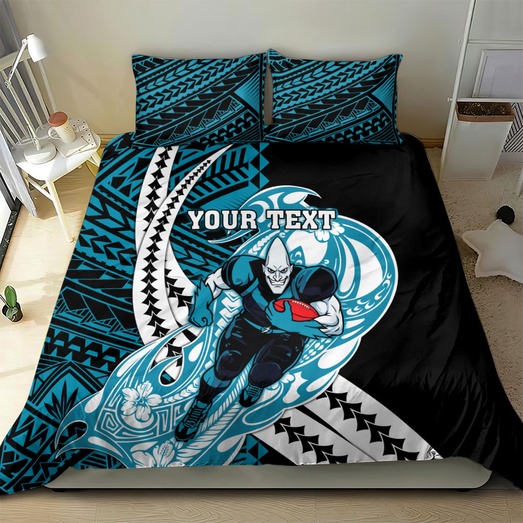 Personalized Port Adelaide Power Bedding Set Polynesian Tribal Lightning Bolt Mascot With Hibiscus Floral Art