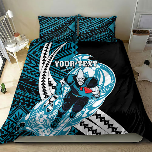 Personalized Port Adelaide Power Bedding Set Polynesian Tribal Lightning Bolt Mascot With Hibiscus Floral Art