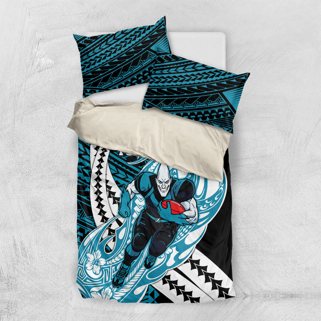 Personalized Port Adelaide Power Bedding Set Polynesian Tribal Lightning Bolt Mascot With Hibiscus Floral Art