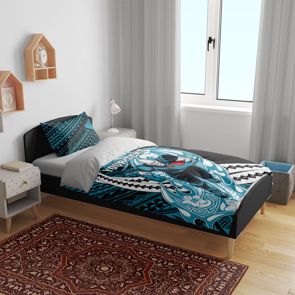 Personalized Port Adelaide Power Bedding Set Polynesian Tribal Lightning Bolt Mascot With Hibiscus Floral Art