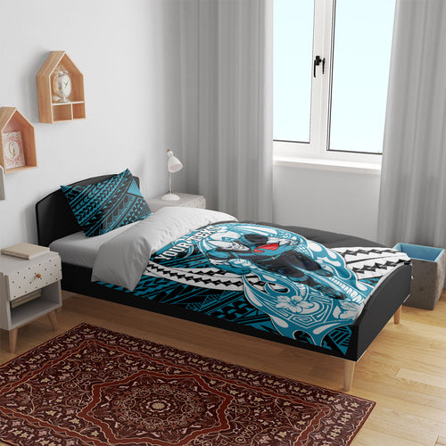 Personalized Port Adelaide Power Bedding Set Polynesian Tribal Lightning Bolt Mascot With Hibiscus Floral Art