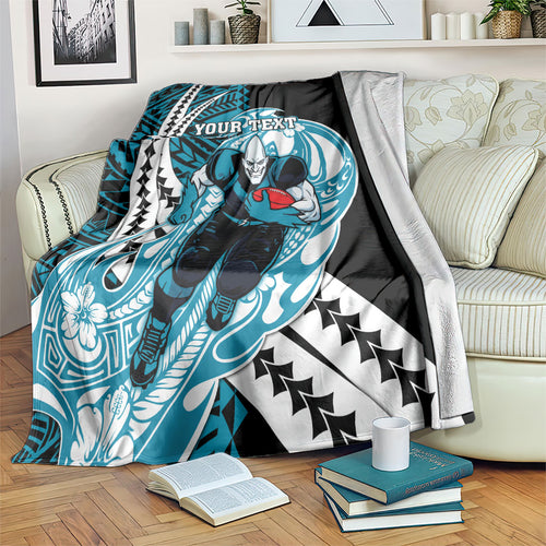 Personalized Port Adelaide Power Blanket Polynesian Tribal Lightning Bolt Mascot With Hibiscus Floral Art
