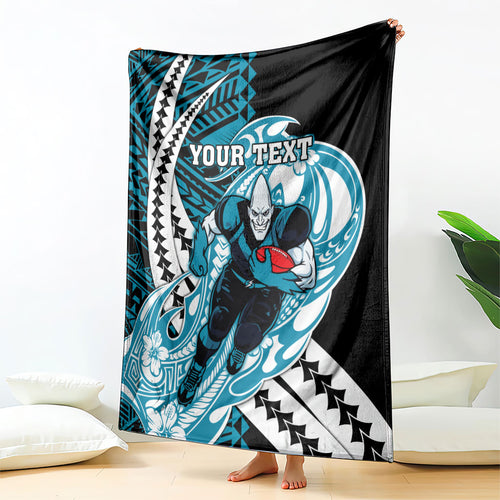 Personalized Port Adelaide Power Blanket Polynesian Tribal Lightning Bolt Mascot With Hibiscus Floral Art