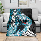 Personalized Port Adelaide Power Blanket Polynesian Tribal Lightning Bolt Mascot With Hibiscus Floral Art