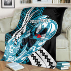 Personalized Port Adelaide Power Blanket Polynesian Tribal Lightning Bolt Mascot With Hibiscus Floral Art