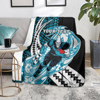 Personalized Port Adelaide Power Blanket Polynesian Tribal Lightning Bolt Mascot With Hibiscus Floral Art