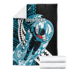 Personalized Port Adelaide Power Blanket Polynesian Tribal Lightning Bolt Mascot With Hibiscus Floral Art