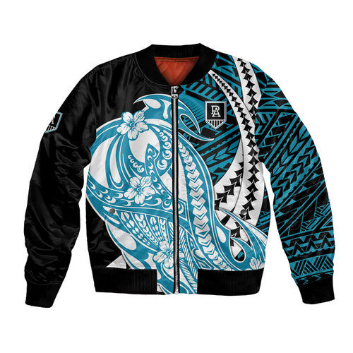 Personalized Port Adelaide Power Bomber Jacket Polynesian Tribal Lightning Bolt Mascot With Hibiscus Floral Art