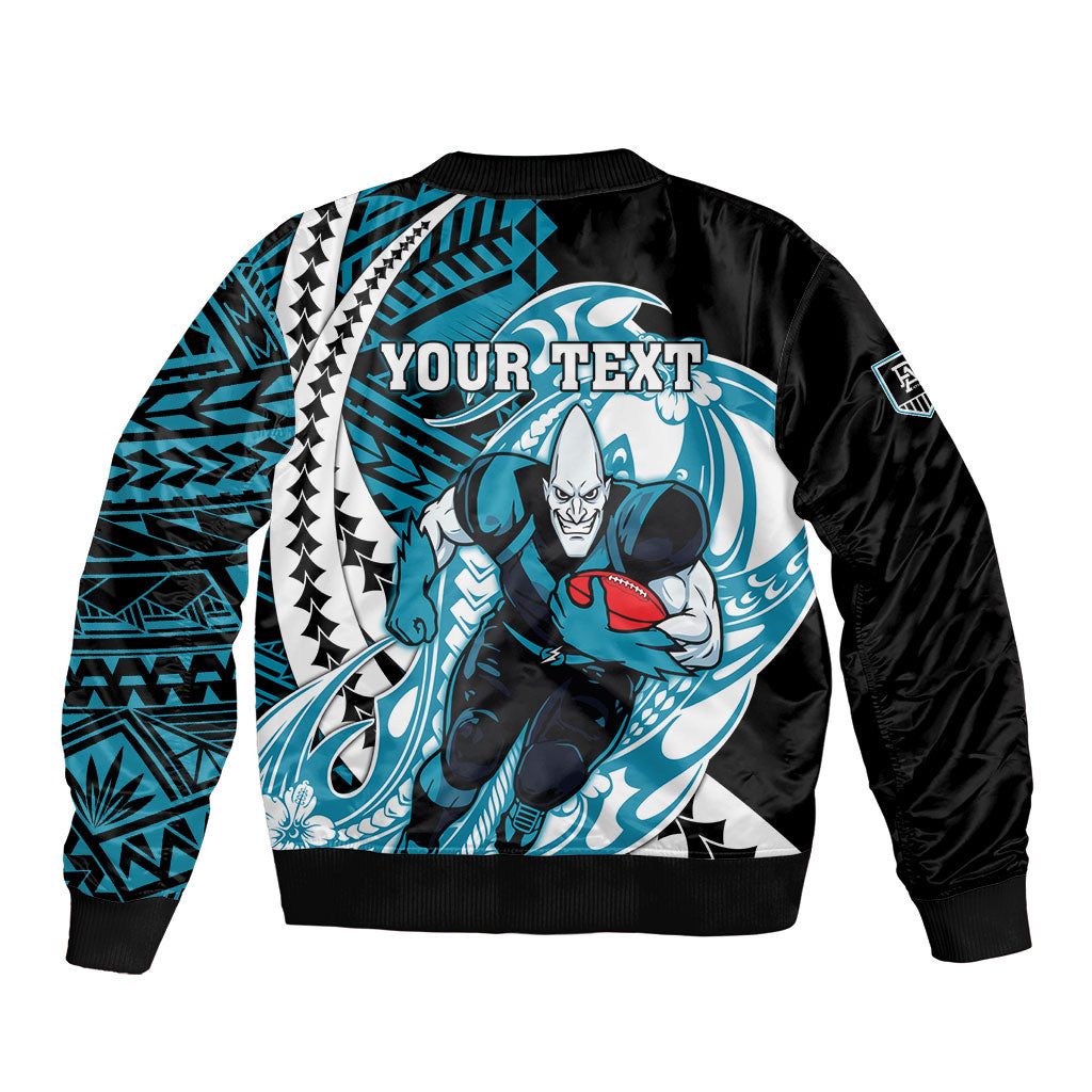 Personalized Port Adelaide Power Bomber Jacket Polynesian Tribal Lightning Bolt Mascot With Hibiscus Floral Art