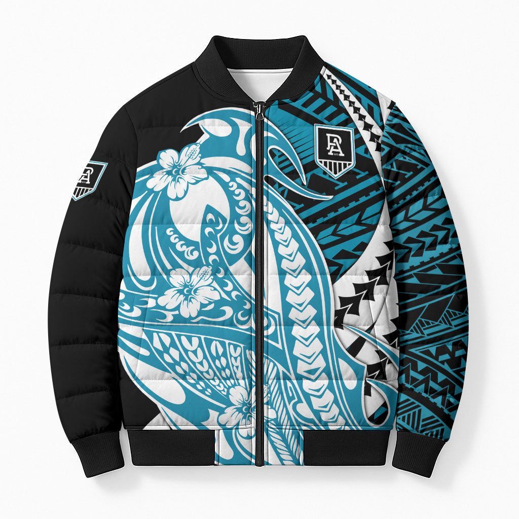 Personalized Port Adelaide Power Bomber Puffer Jacket Polynesian Tribal Lightning Bolt Mascot With Hibiscus Floral Art