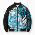 Personalized Port Adelaide Power Bomber Puffer Jacket Polynesian Tribal Lightning Bolt Mascot With Hibiscus Floral Art