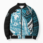 Personalized Port Adelaide Power Bomber Puffer Jacket Polynesian Tribal Lightning Bolt Mascot With Hibiscus Floral Art