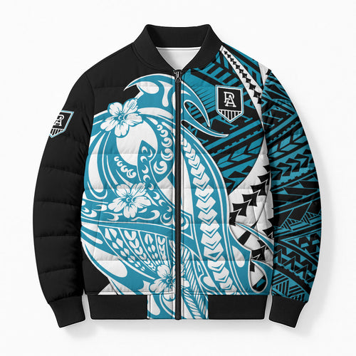 Personalized Port Adelaide Power Bomber Puffer Jacket Polynesian Tribal Lightning Bolt Mascot With Hibiscus Floral Art