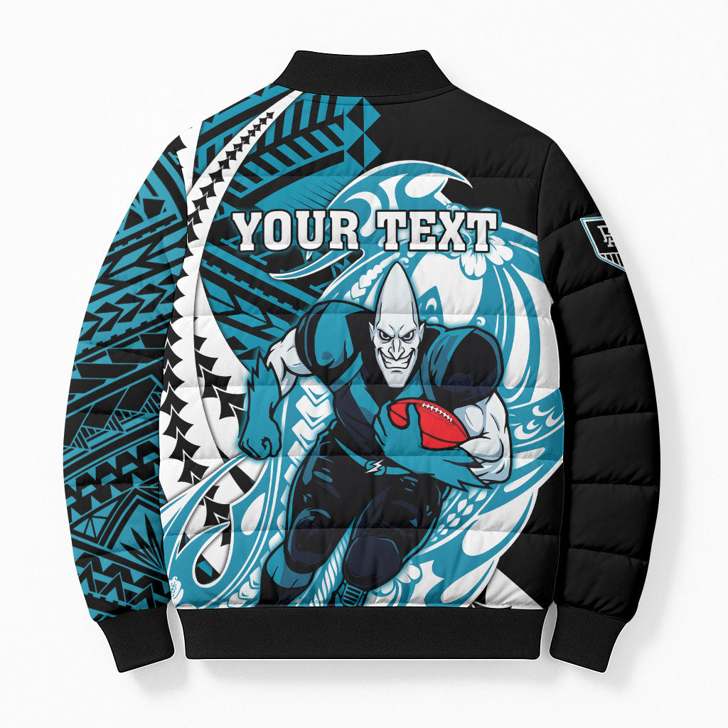 Personalized Port Adelaide Power Bomber Puffer Jacket Polynesian Tribal Lightning Bolt Mascot With Hibiscus Floral Art