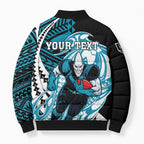 Personalized Port Adelaide Power Bomber Puffer Jacket Polynesian Tribal Lightning Bolt Mascot With Hibiscus Floral Art