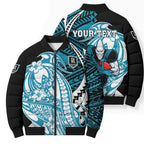 Personalized Port Adelaide Power Bomber Puffer Jacket Polynesian Tribal Lightning Bolt Mascot With Hibiscus Floral Art