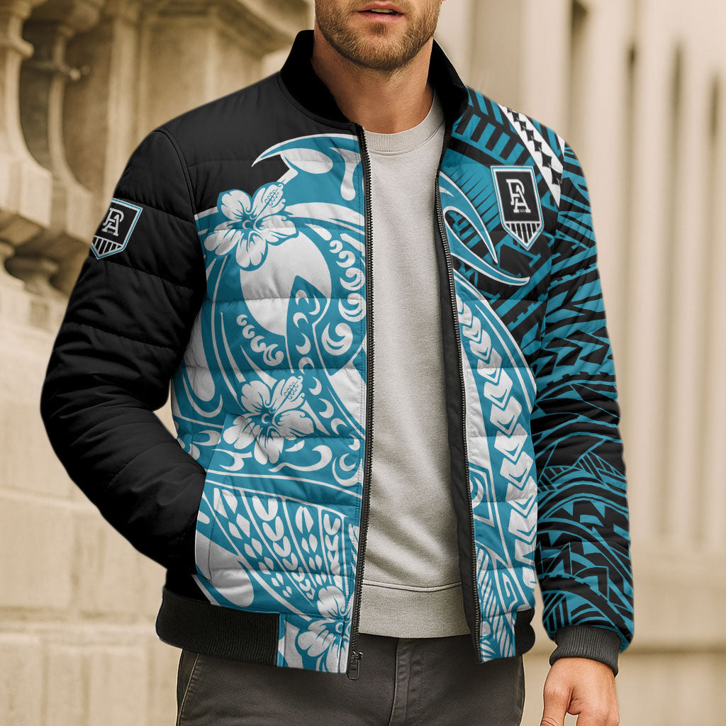 Personalized Port Adelaide Power Bomber Puffer Jacket Polynesian Tribal Lightning Bolt Mascot With Hibiscus Floral Art