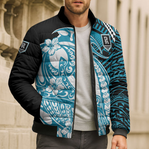 Personalized Port Adelaide Power Bomber Puffer Jacket Polynesian Tribal Lightning Bolt Mascot With Hibiscus Floral Art
