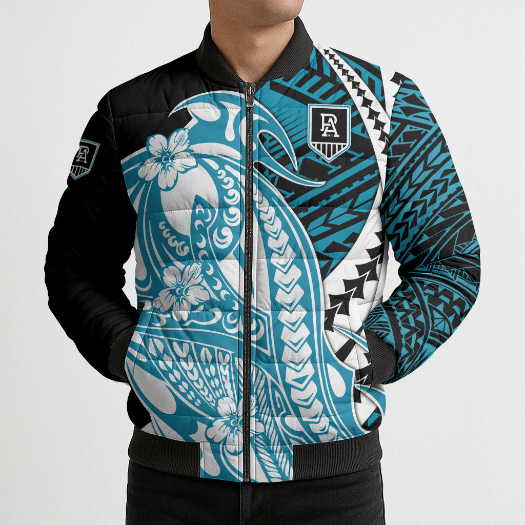 Personalized Port Adelaide Power Bomber Puffer Jacket Polynesian Tribal Lightning Bolt Mascot With Hibiscus Floral Art