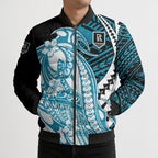 Personalized Port Adelaide Power Bomber Puffer Jacket Polynesian Tribal Lightning Bolt Mascot With Hibiscus Floral Art