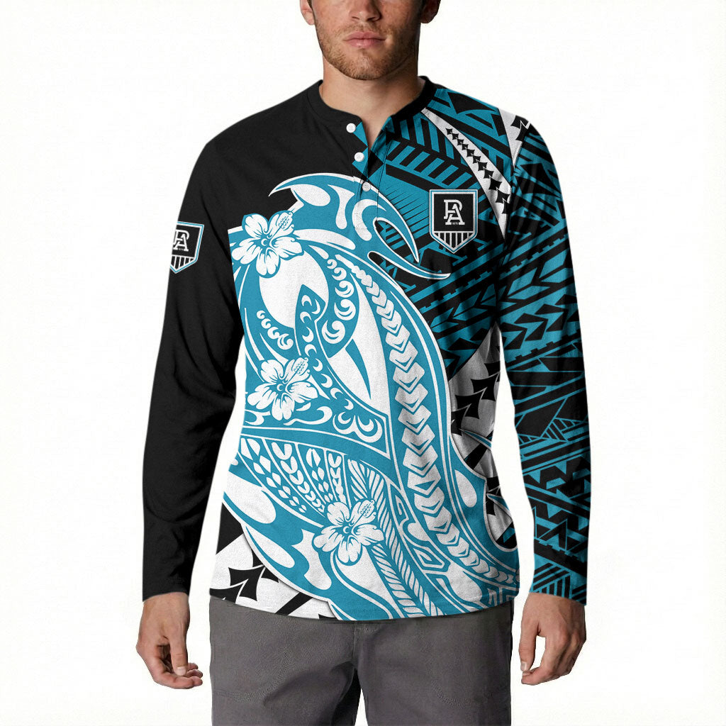 Personalized Port Adelaide Power Button Sweatshirt Polynesian Tribal Lightning Bolt Mascot With Hibiscus Floral Art