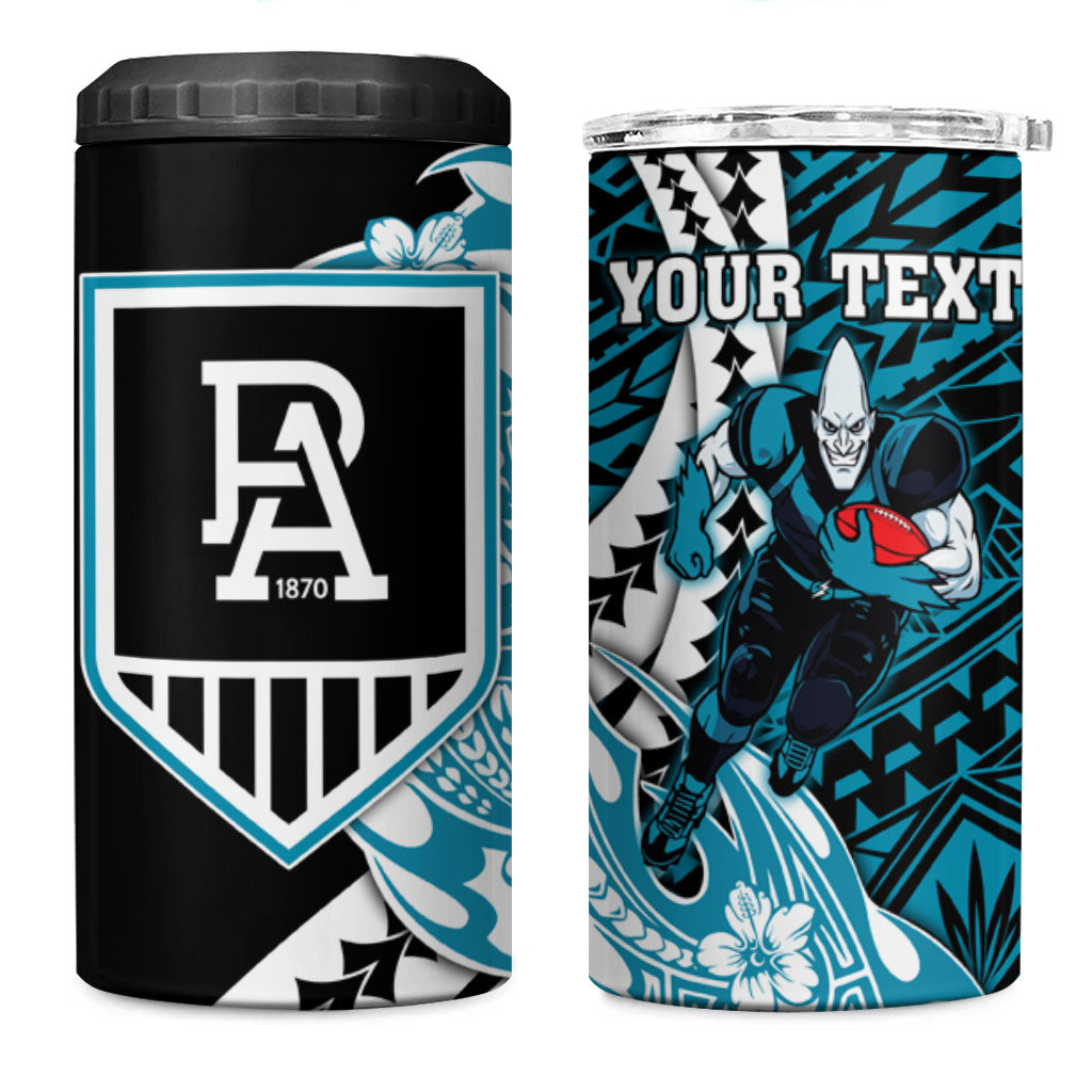 Personalized Port Adelaide Power 4 in 1 Can Cooler Tumbler Polynesian Tribal Lightning Bolt Mascot With Hibiscus Floral Art