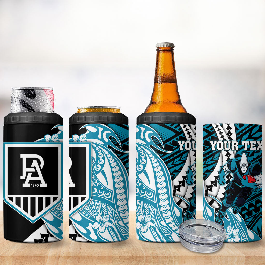 Personalized Port Adelaide Power 4 in 1 Can Cooler Tumbler Polynesian Tribal Lightning Bolt Mascot With Hibiscus Floral Art