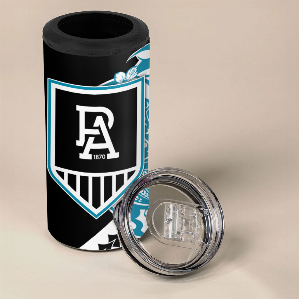 Personalized Port Adelaide Power 4 in 1 Can Cooler Tumbler Polynesian Tribal Lightning Bolt Mascot With Hibiscus Floral Art