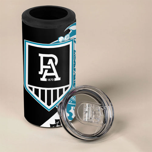 Personalized Port Adelaide Power 4 in 1 Can Cooler Tumbler Polynesian Tribal Lightning Bolt Mascot With Hibiscus Floral Art