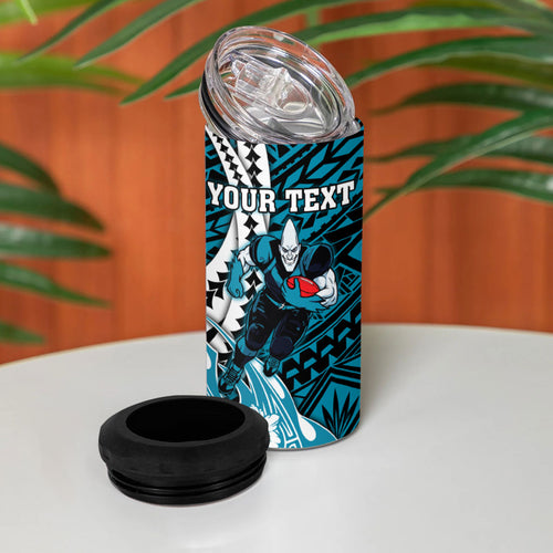 Personalized Port Adelaide Power 4 in 1 Can Cooler Tumbler Polynesian Tribal Lightning Bolt Mascot With Hibiscus Floral Art