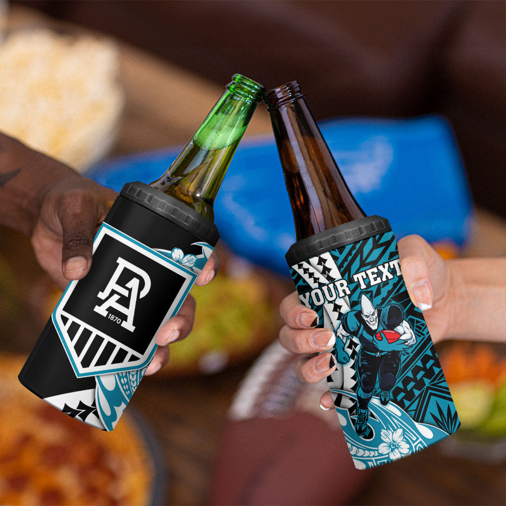 Personalized Port Adelaide Power 4 in 1 Can Cooler Tumbler Polynesian Tribal Lightning Bolt Mascot With Hibiscus Floral Art