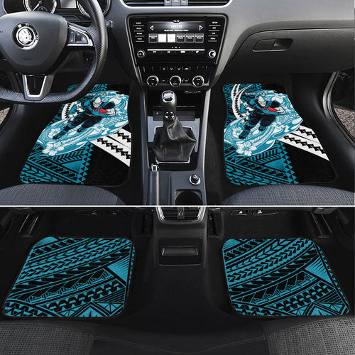Personalized Port Adelaide Power Car Mats Polynesian Tribal Lightning Bolt Mascot With Hibiscus Floral Art